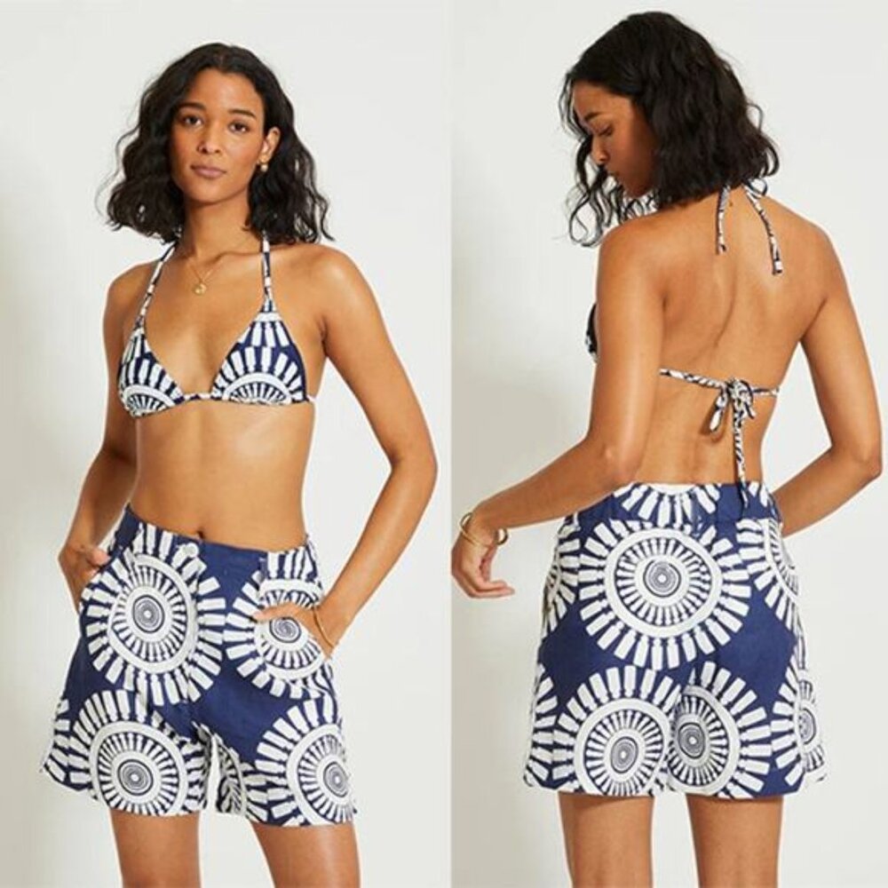 NWT Lemlem Faizah Geometric Linen A-Line Flowy Shorts Zeina Navy Blue Size: M